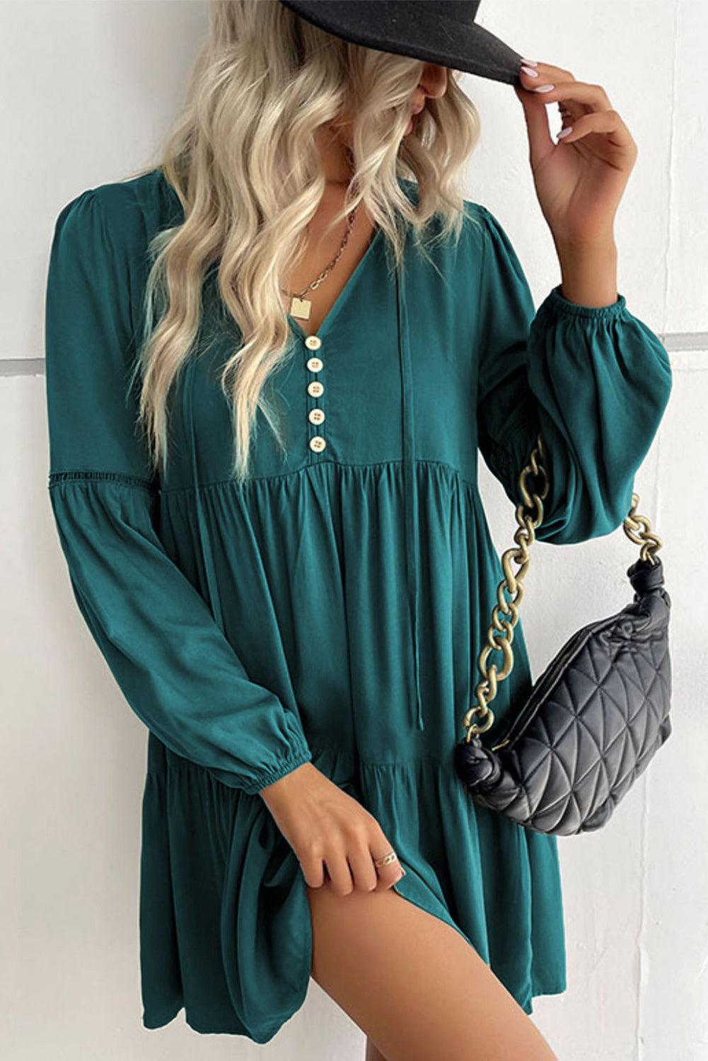 Green Lace Puff Sleeve Buttoned Tiered Ruffled Mini Dress - L & M Kee, LLC