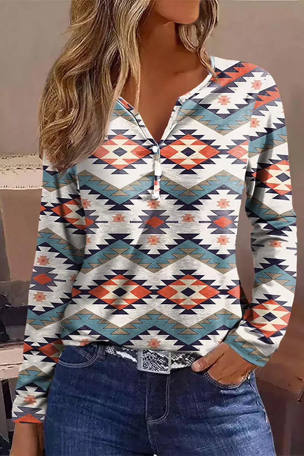 White Aztec Geometric Print Long Sleeve Henley Top - L & M Kee, LLC