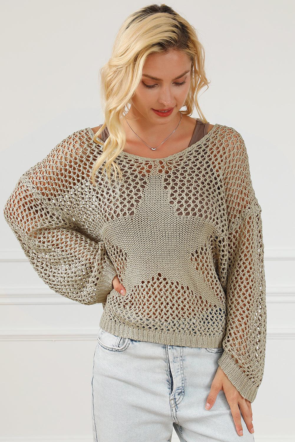 Light French Beige Star Pointelle Knit Baggy Sweater - L & M Kee, LLC