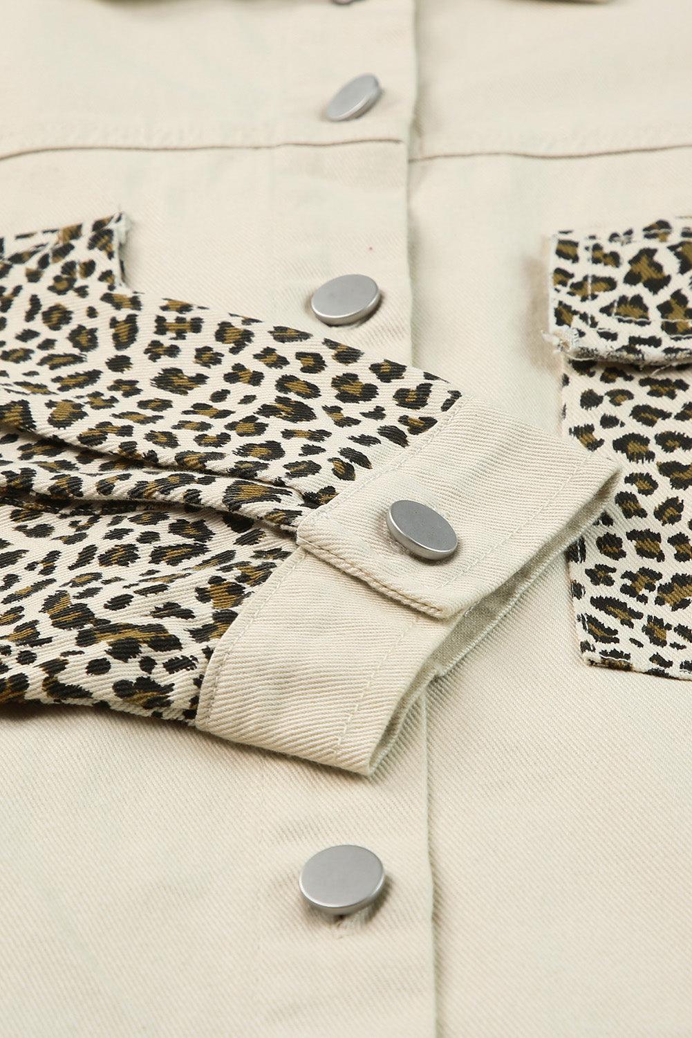 Apricot Plus Size Leopard Sleeve Raw Hem Denim Jacket - L & M Kee, LLC