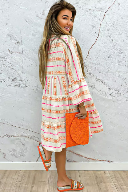 Orange Bohemian Printed Bracelet Sleeve Slit Neck Ruffled Loose Dress