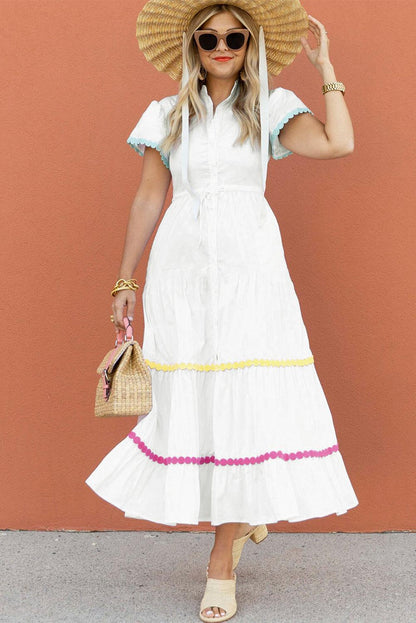 White Colorblock Rickrack Trim Short Sleeve Drawstring Waist Long Dress - L & M Kee, LLC