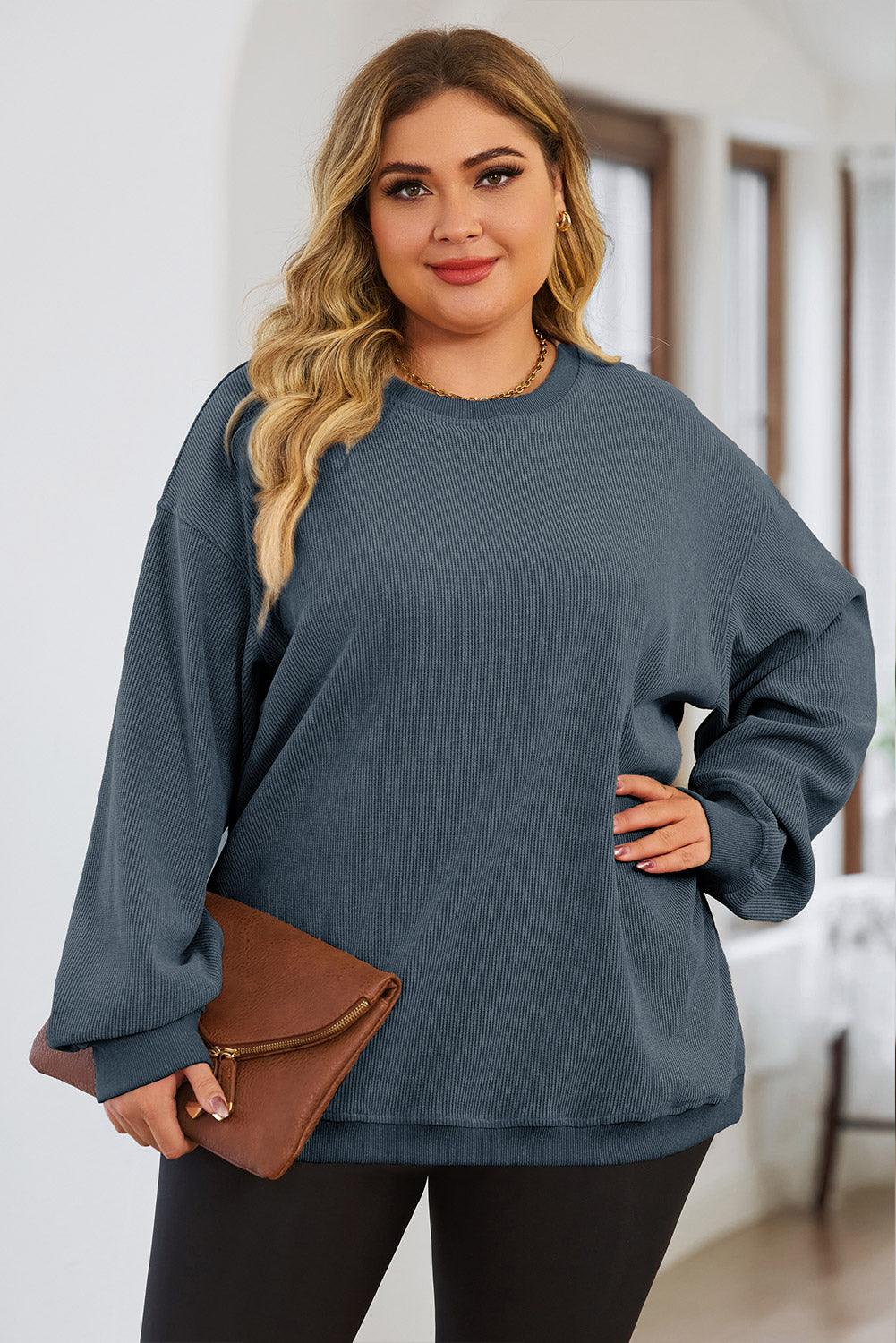 Blue Plus Size Corded Round Neck Sweatshirt - L & M Kee, LLC