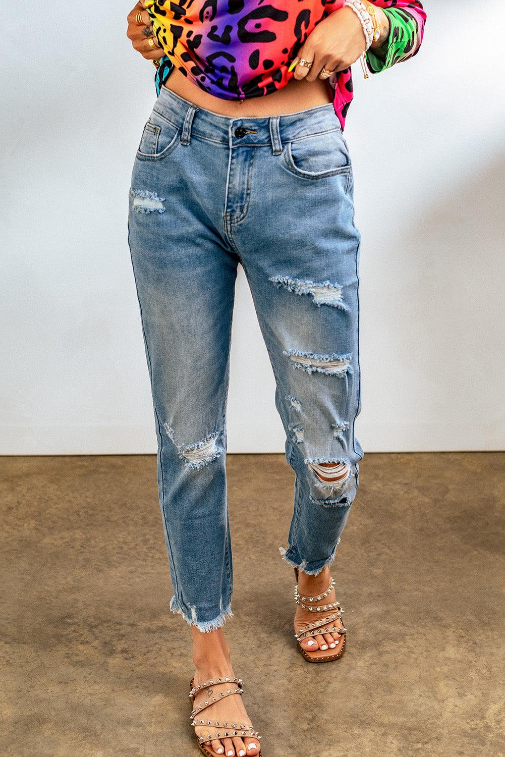 Light Blue Distressed Boyfriend Denim Pants - L & M Kee, LLC