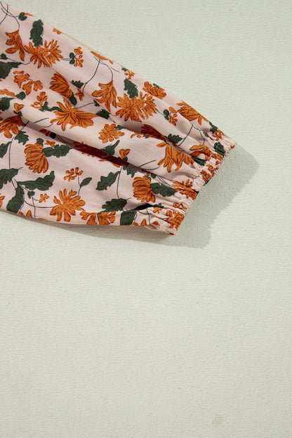 Black Floral Deep V Neck Smocked Bust Bubble Sleeve Babydoll Dress