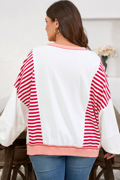 Red Stripe Color Block Patchwork Seam Detail Plus Size Sweatshirt
