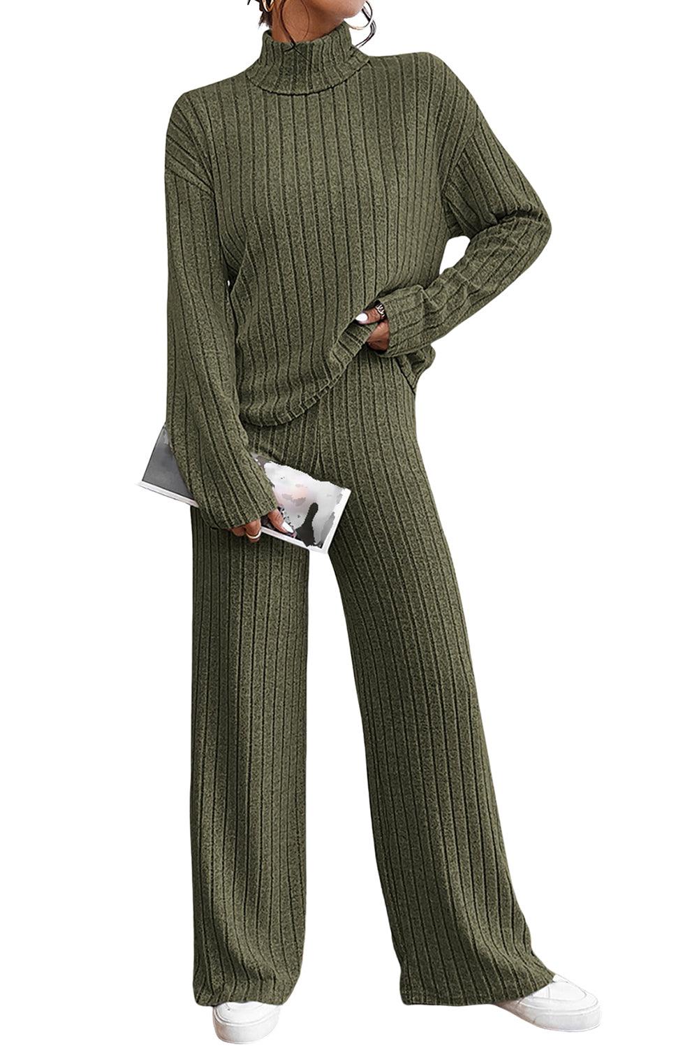 Khaki Ribbed Knit Bell Sleeve Crop Top Drawstring Pants Set - L & M Kee, LLC