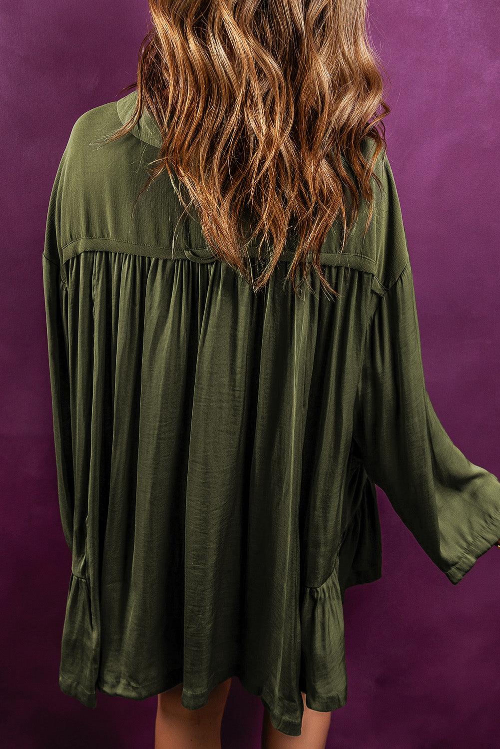 Pickle Green Loose Pocketed Ruffled Hem Draped Shirt Dress - L & M Kee, LLC