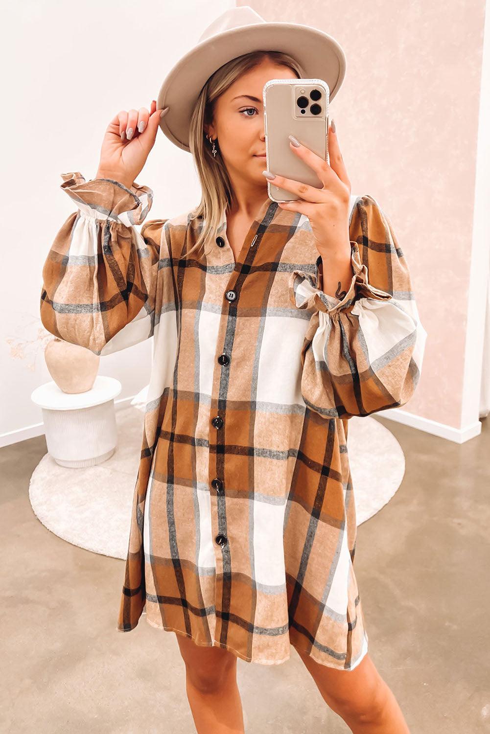 Khaki Plaid Pattern Collared Neck Ruffled Sleeve Shirt Dress - L & M Kee, LLC