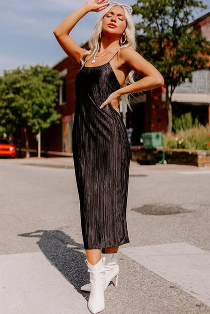 Black Spaghetti Straps Backless Pleated Midi Dress - L & M Kee, LLC