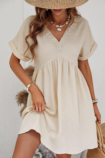 Beige Folded Short Sleeve Lace V Neck Mini Dress - L & M Kee, LLC