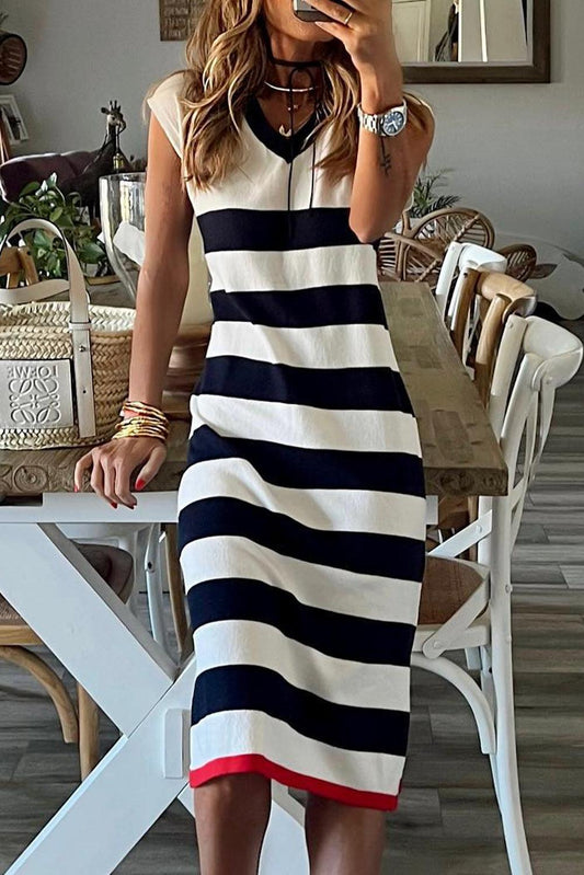 Stripe V Neck Cap Sleeve Midi Dress - L & M Kee, LLC