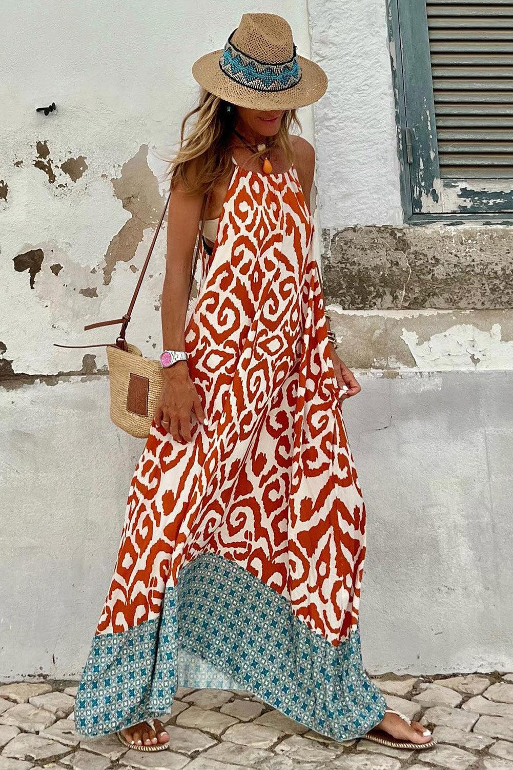 Boho Geometric Print Sleeveless Maxi Dress - L & M Kee, LLC