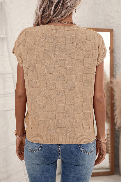 Smoke Gray Lattice Textured Knit Short Sleeve Sweater - L & M Kee, LLC