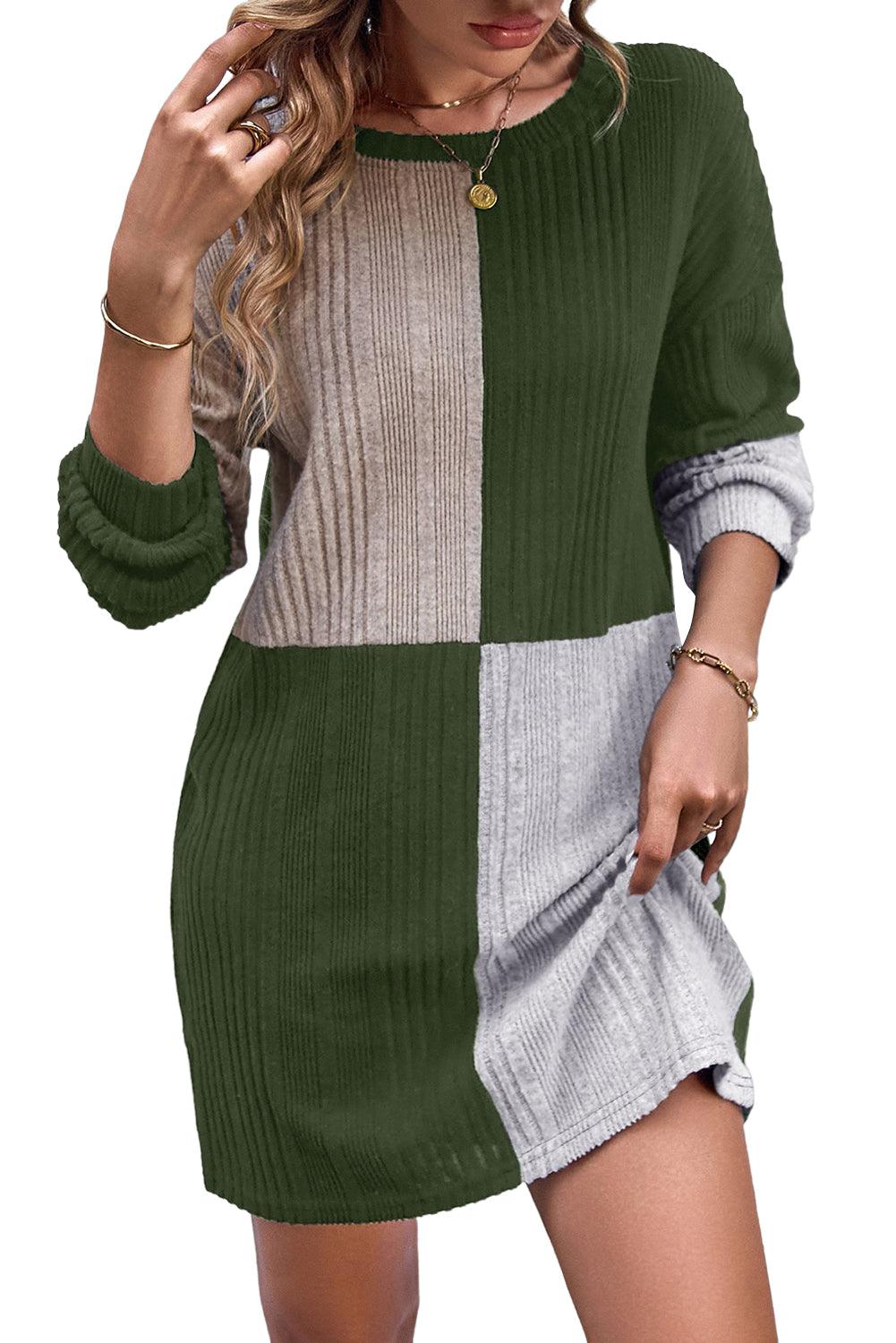 Black Ribbed Color Block Drop Shoulder Long Sleeve Mini Dress - L & M Kee, LLC