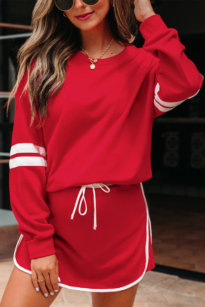 Black Varsity Stripe Detail Drop Shoulder Pullover Mini Skirt Set
