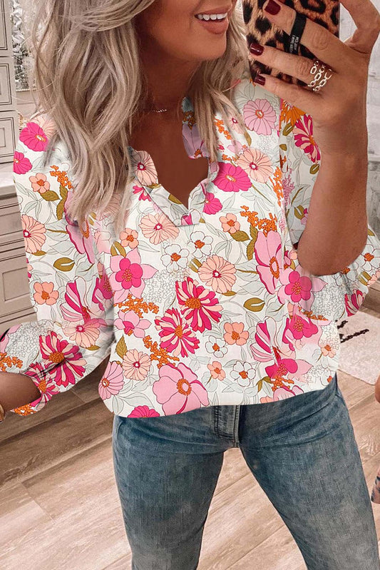 Bright White Floral Print Split V Neck Blouse - L & M Kee, LLC