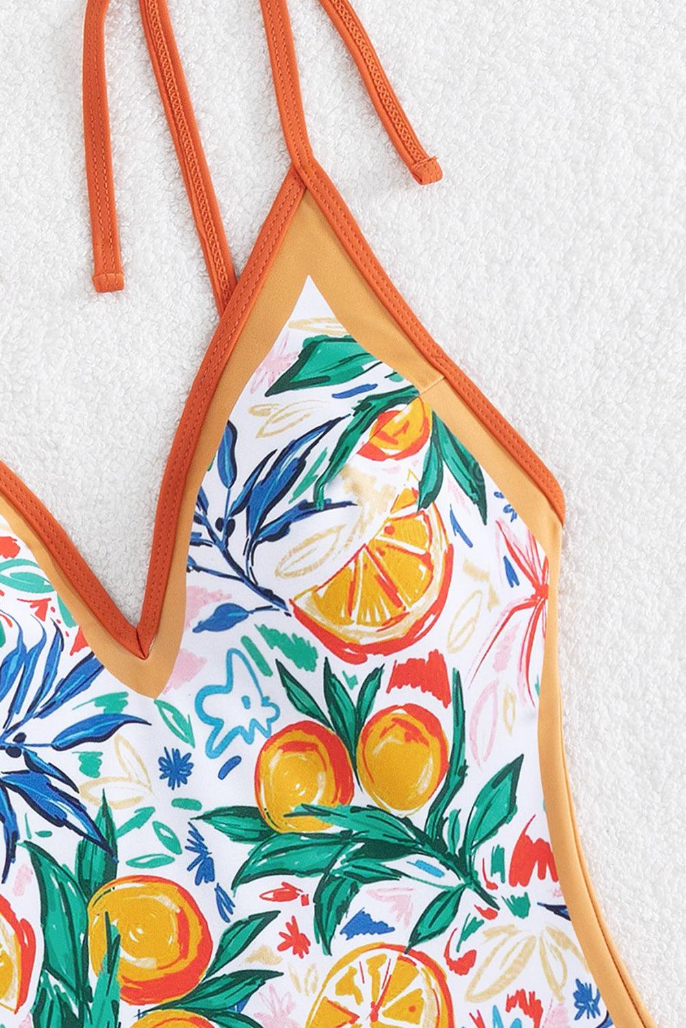 Orange Fruit Plant Print Tied Straps V Neck One Piece Swimsuit - L & M Kee, LLC