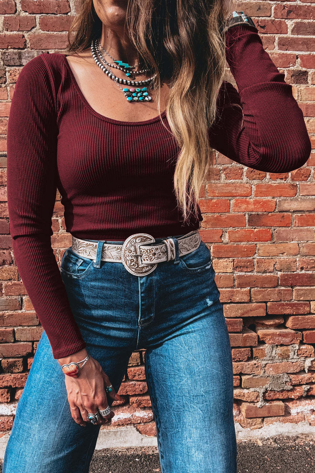 Coffee Ribbed Solid Color U Neck Cropped Long Sleeve Top