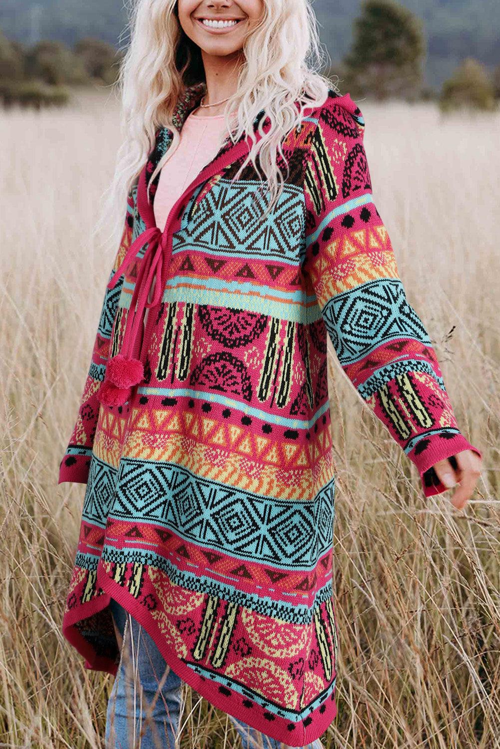 Rose Boho Aztec Knitted Pom Pom Tie Hooded Cardigan - L & M Kee, LLC