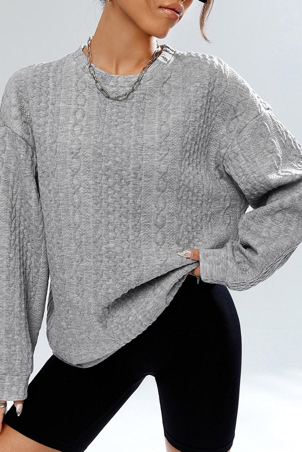 Gray Cable Textured Drop Shoulder Pullover Sweatshirt - L & M Kee, LLC