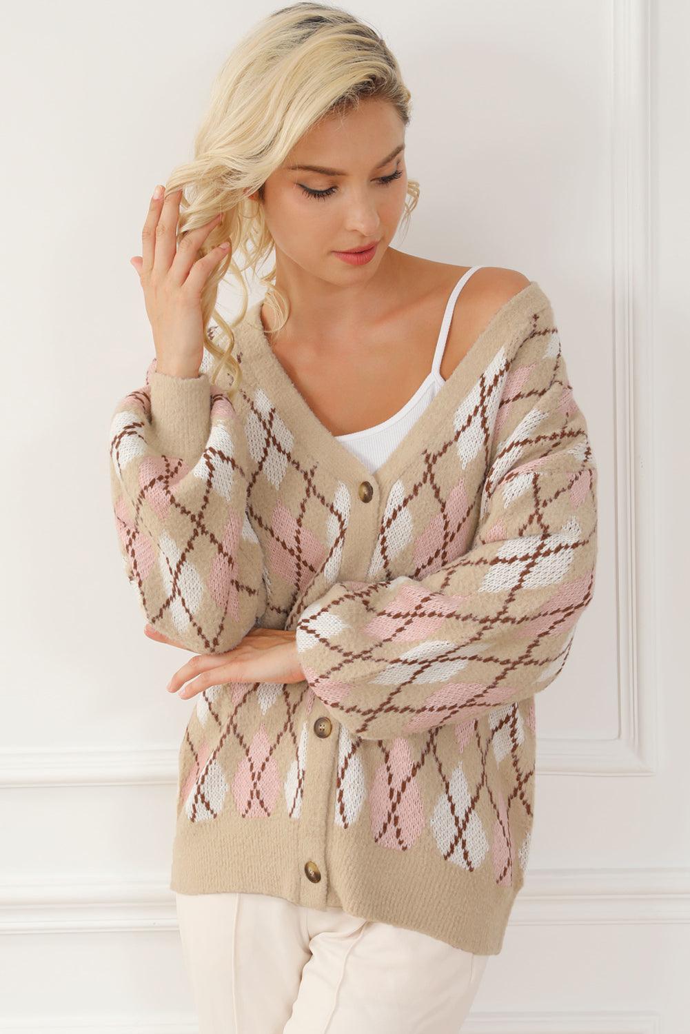 Multicolour Rhombus Pattern Knit Sweater Cardigan - L & M Kee, LLC