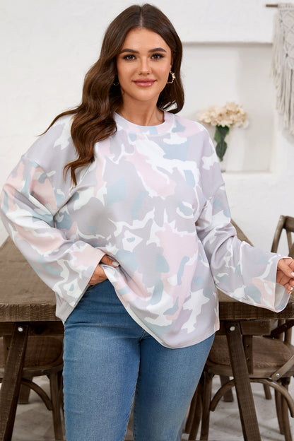 Green Plus Size Camouflage Print Drop Shoulder Loose Pullover Top