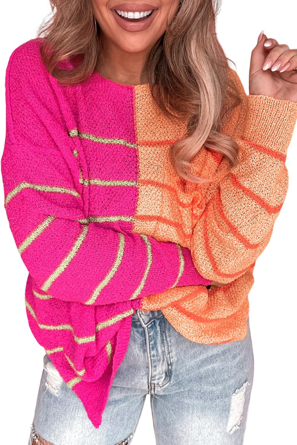 Multicolour Striped Color Block Loose Fit Knit Sweater - L & M Kee, LLC