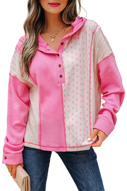 Pink Mixed Texture Waffle Floral Patchwork Hooded Oversize Pullover
