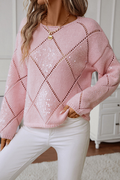 Light Pink Hollowed Rhombus Pattern Sequin Detail Round Neck Sweater