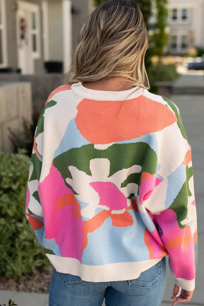 Multicolour Plus Size Floral Drop Shoulder Sweater - L & M Kee, LLC