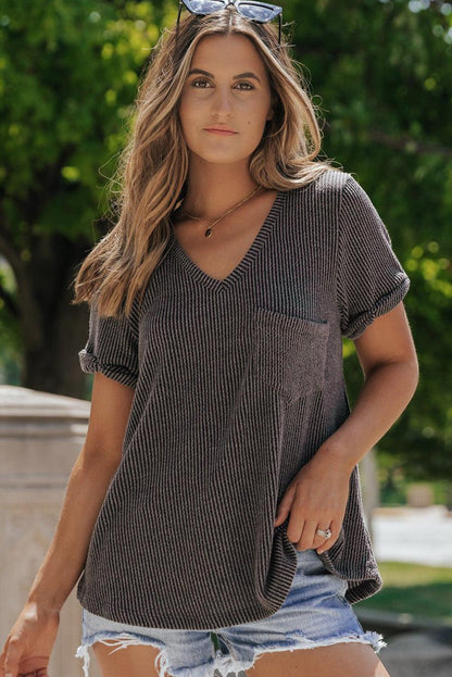 Carbon Grey Twist Short Sleeve Corded V Neck Top - L & M Kee, LLC