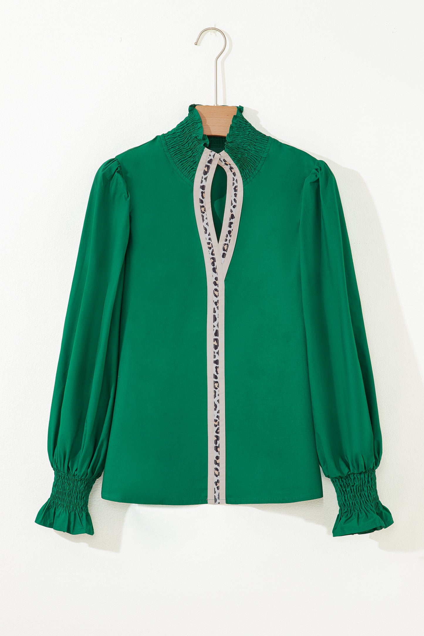 Evergreen Puffy Flounce Sleeve Leopard Trim V Neck Blouse