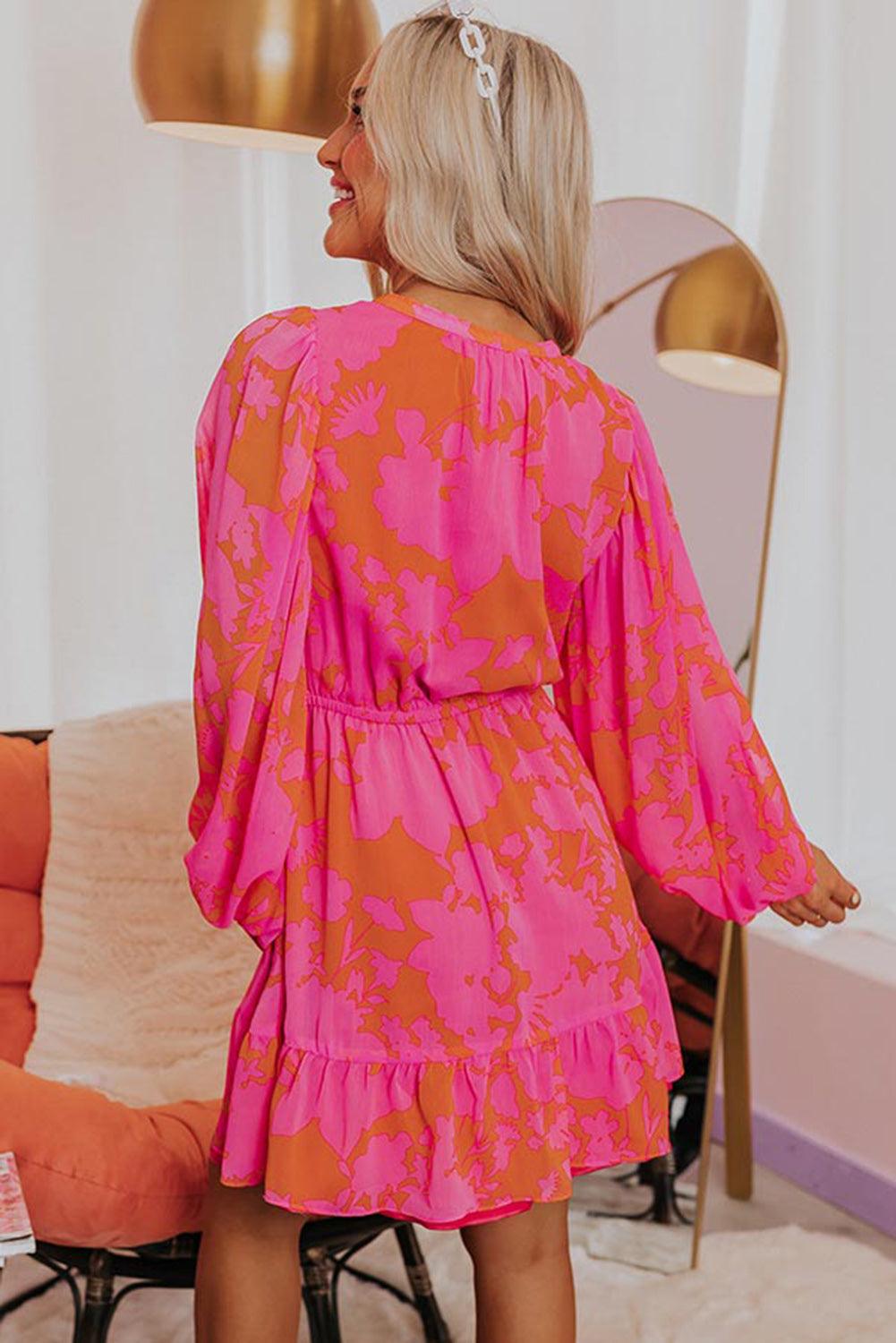 Rose Abstract Printed Puff Sleeve Ruffle Flowy Dress - L & M Kee, LLC