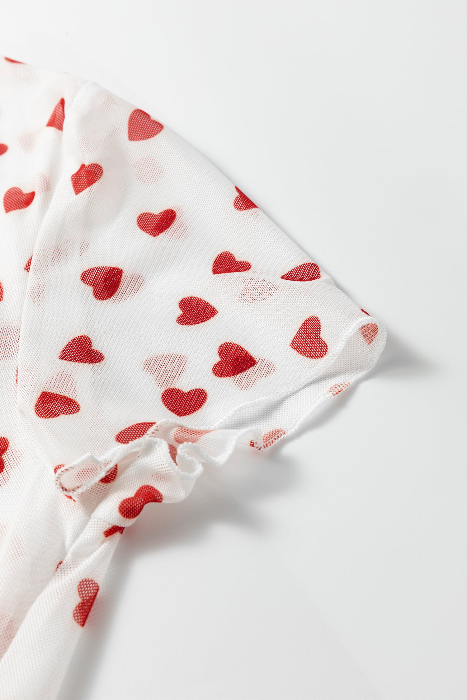 Red Allover Heart Print Mesh Short Sleeve Top