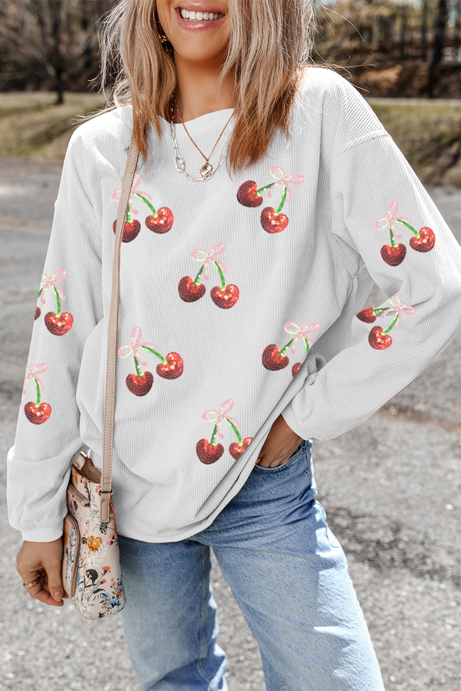 White Corded Ribbed Sequin Cherry Bow Patched Drop Shoulder Sweatshirt