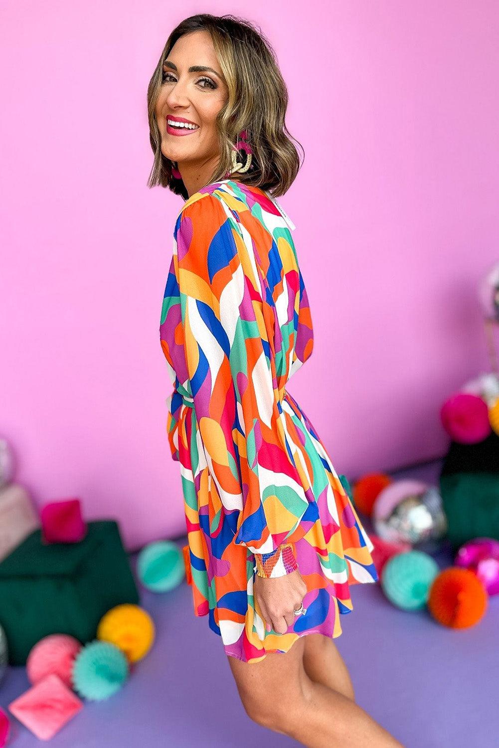 Multicolor Abstract Printed Belted Puff Sleeve Mini Dress - L & M Kee, LLC