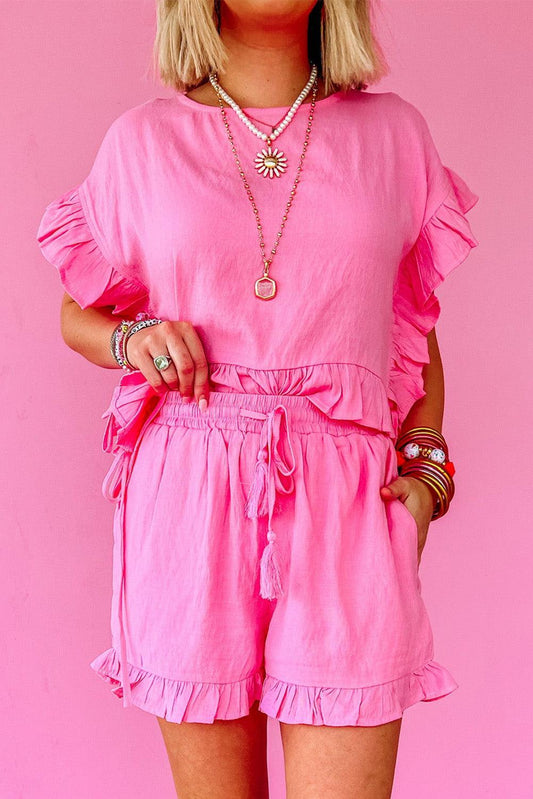 Pink Ruffled Hem Short Sleeve Elastic Drawstring Waist Pocketed Shorts Set - L & M Kee, LLC