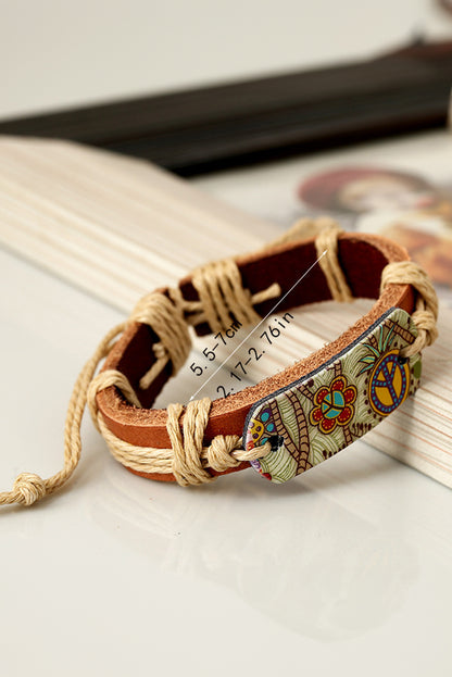 Cinnamon Vintage Boho Floral Printed Braided Rope Leather Bracelet