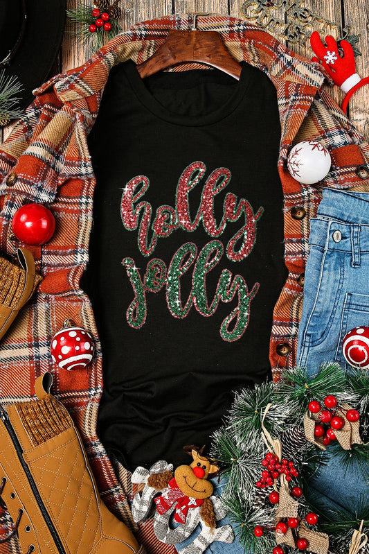 Black Christmas Sequined holly jolly Graphic Tee - L & M Kee, LLC