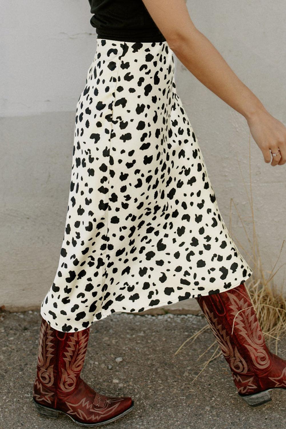Beige Leopard Spots Printed Split Hem Midi Skirt - L & M Kee, LLC