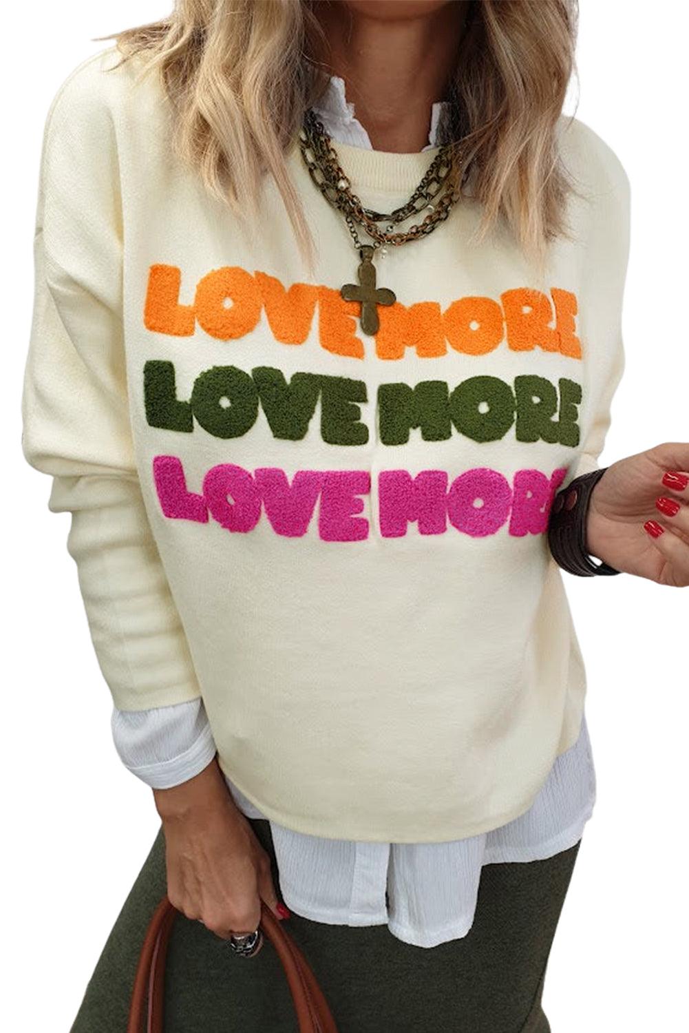 White LOVE MORE Chenille Graphic Long Sleeve Sweatshirt - L & M Kee, LLC