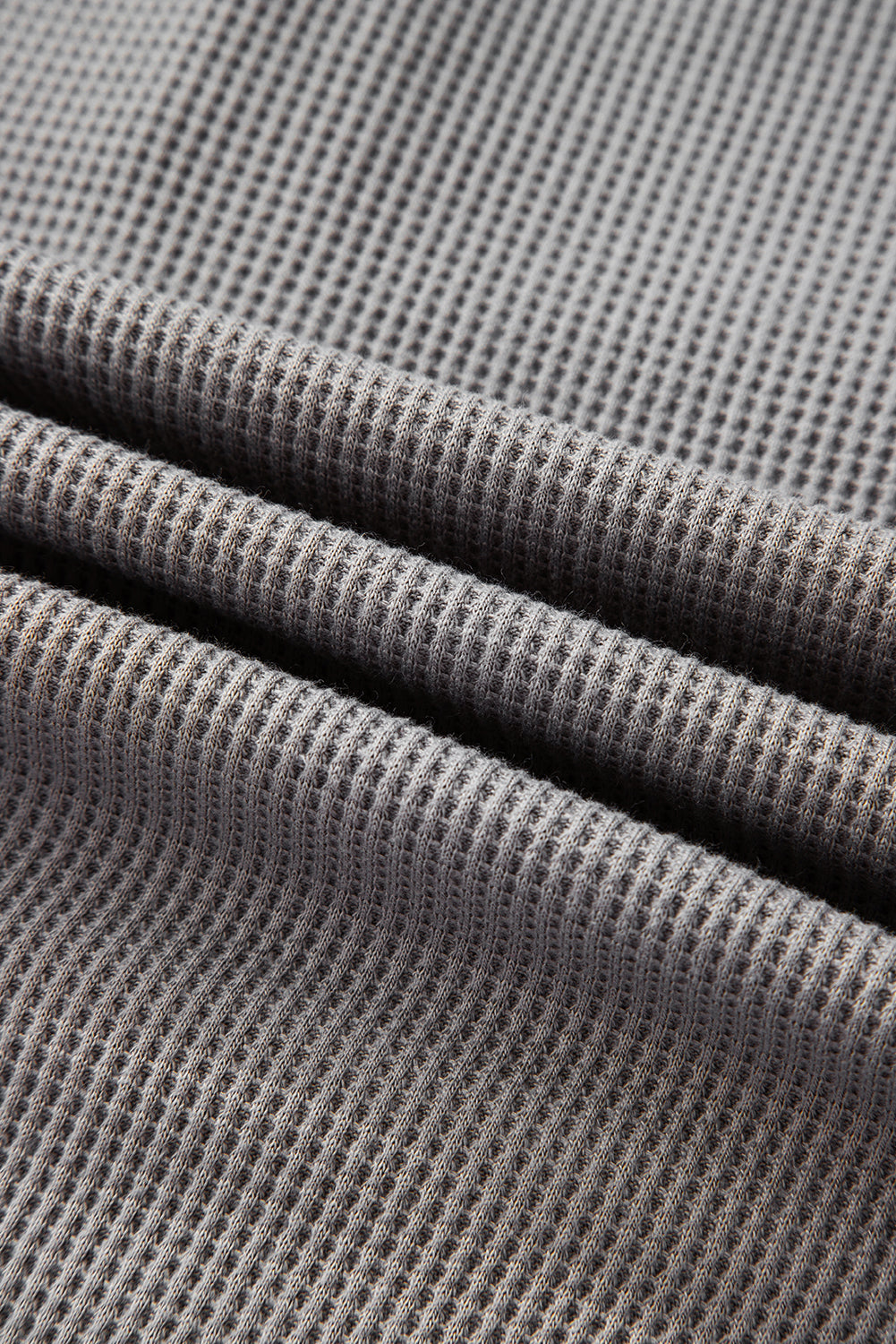 Gray Waffle Printed Patchwork Drawstring Hooded Long Sleeve Top