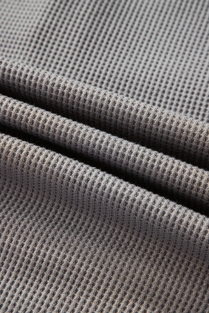 Gray Waffle Printed Patchwork Drawstring Hooded Long Sleeve Top