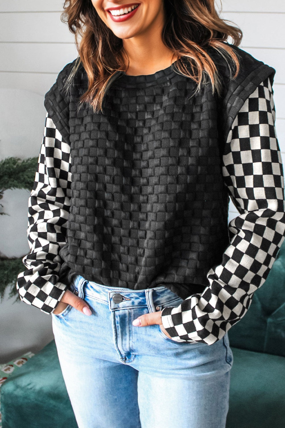 Black Plaid Textured Contrast Checkered Patchwork Long Sleeve Top