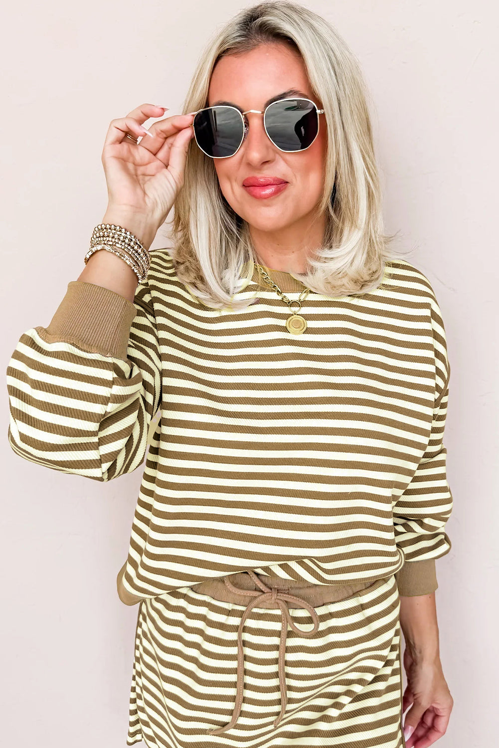 Black Stripe Textured Drop Shoulder Pullover Top Drawstring Mini Skirt Two Piece Dress Set