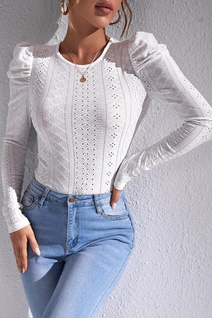 White Jacquard Textured Puff Sleeve O-Neck Top - L & M Kee, LLC