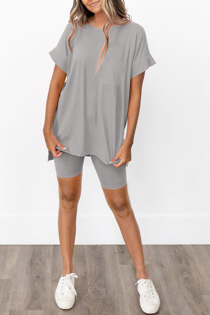 Gray Solid Split Hem Tunic Tee and Tight Shorts Set - L & M Kee, LLC