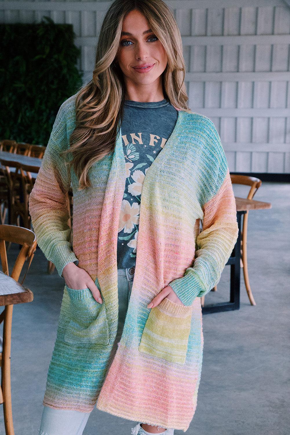 Gradient Knit Open Cardigan with Pockets - L & M Kee, LLC