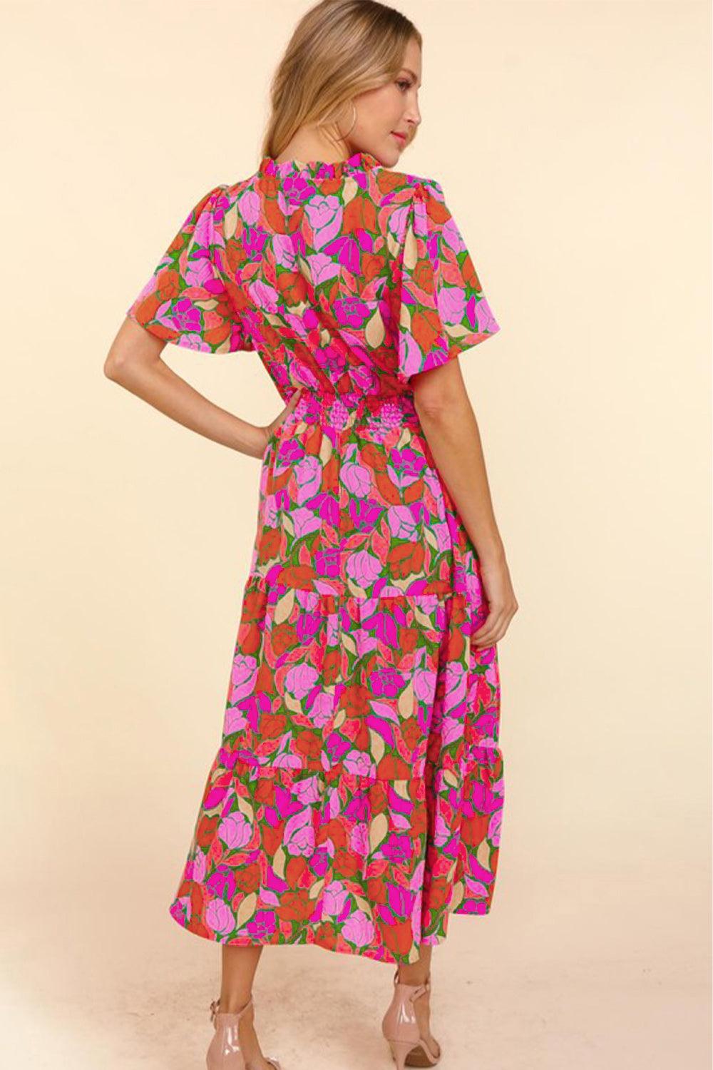 Rose Floral Short Sleeve Smocked Waist Maxi Dress - L & M Kee, LLC